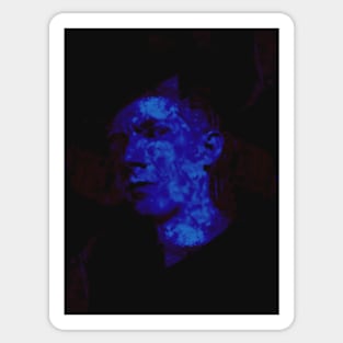 Portrait, digital collage and special processing. Weird man looking on us. Dark, dim, blue. Sticker